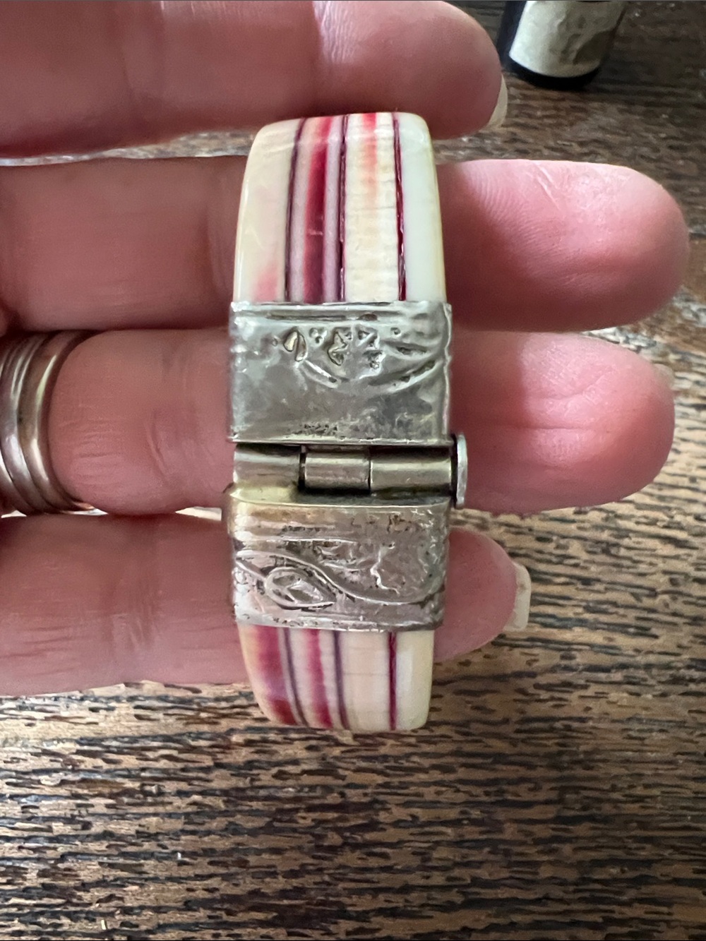 Antique Bone & Silver hinged bangle bracelet